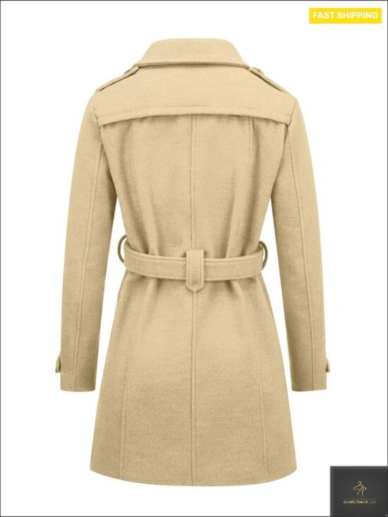 Classic Wool Pea Coat Double Breasted Trench Belted Winter Coat Chic Elegant - Picture 2 of 6